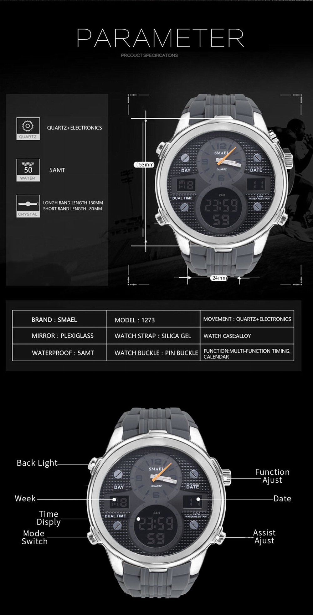 SMAEL 1273 Multi-function Stainless Steel Waterproof Sport Watch