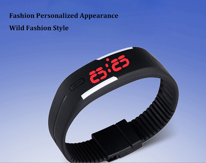 LED Watch Red Subtitles Date Rubber Strap Rectangle Dial